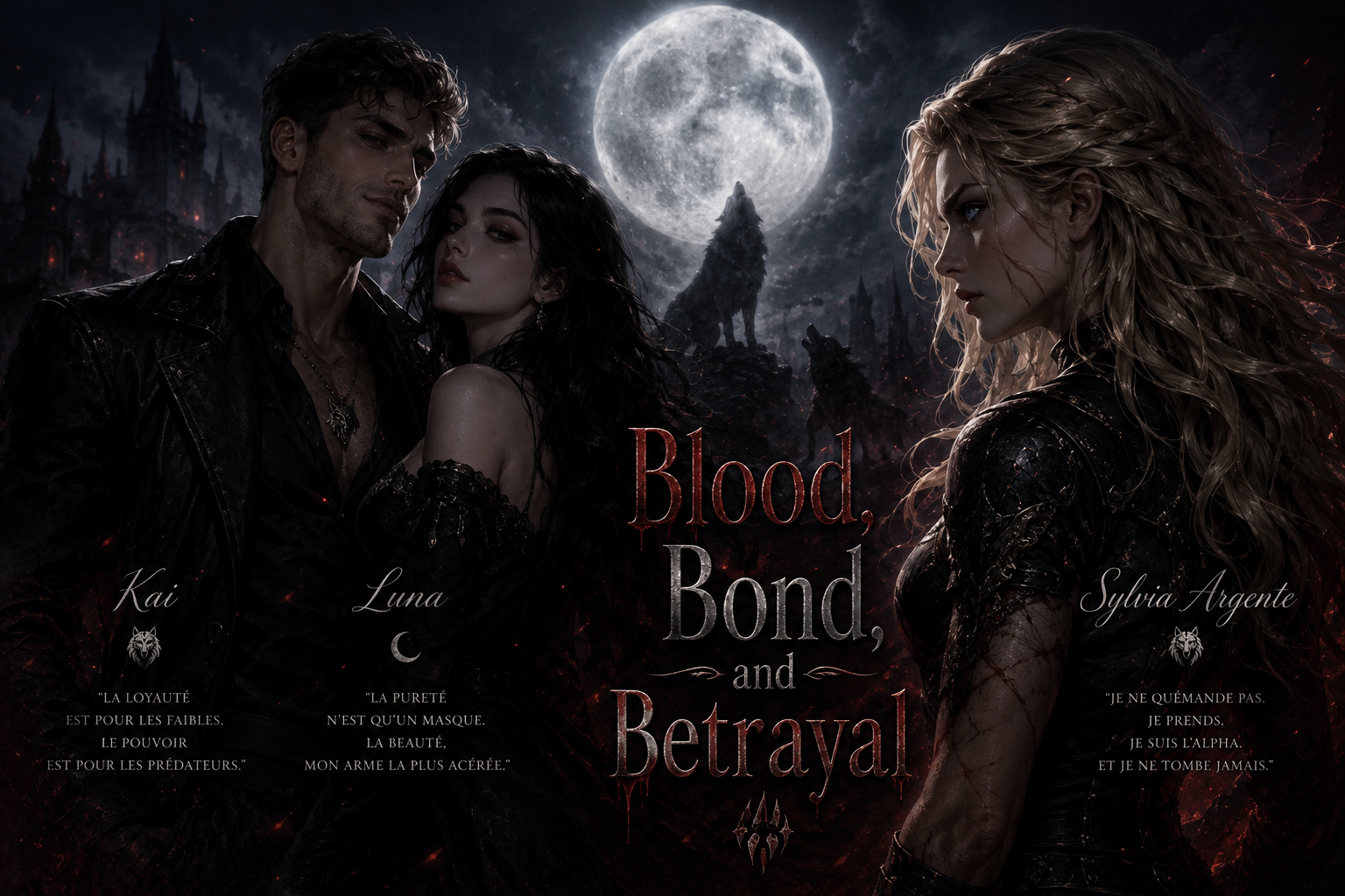 Cover art for Blood, Bond, and Betrayal, a werewolf scenario on AI Dungeon