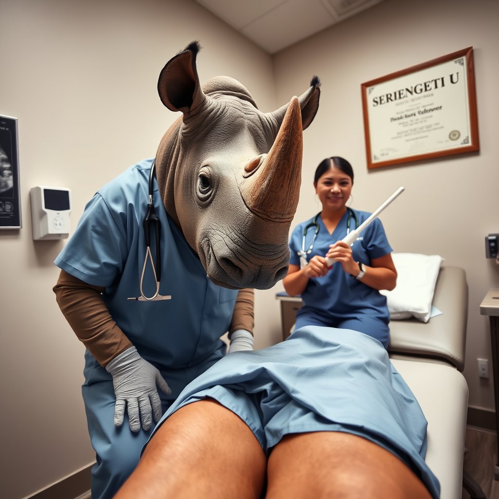 Cover art for OMG! My proctologist is a... a... Rhinoceros!, a medical scenario on AI Dungeon