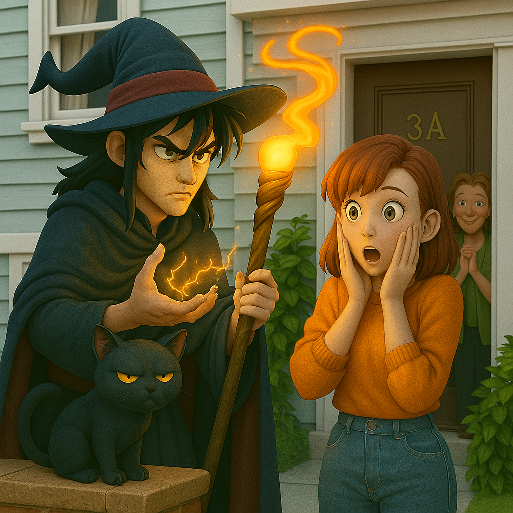 Cover art for HELP! My Neighbor Is A Dark Wizard!, a fantasy scenario on AI Dungeon