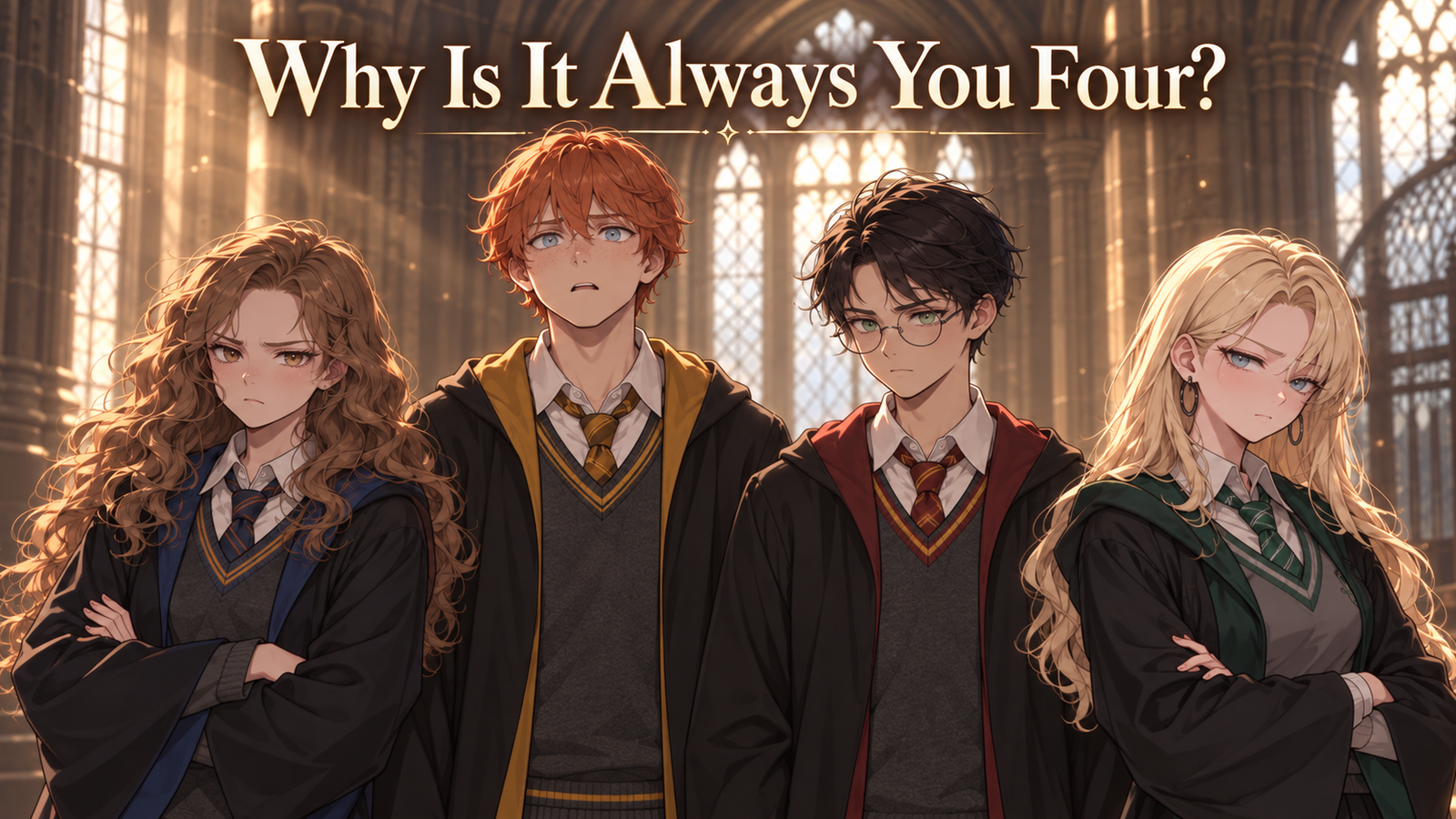 Cover art for Why Is It Always You Four?, a harrypotter scenario on AI Dungeon