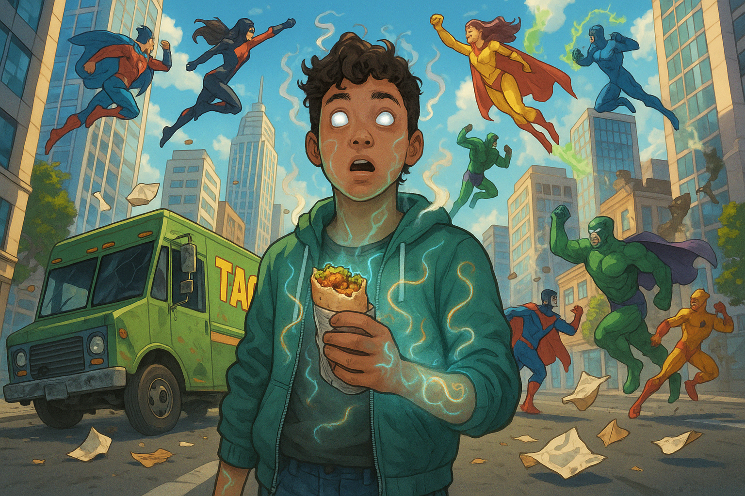 Cover art for Hungry for Power!, a superhero scenario on AI Dungeon