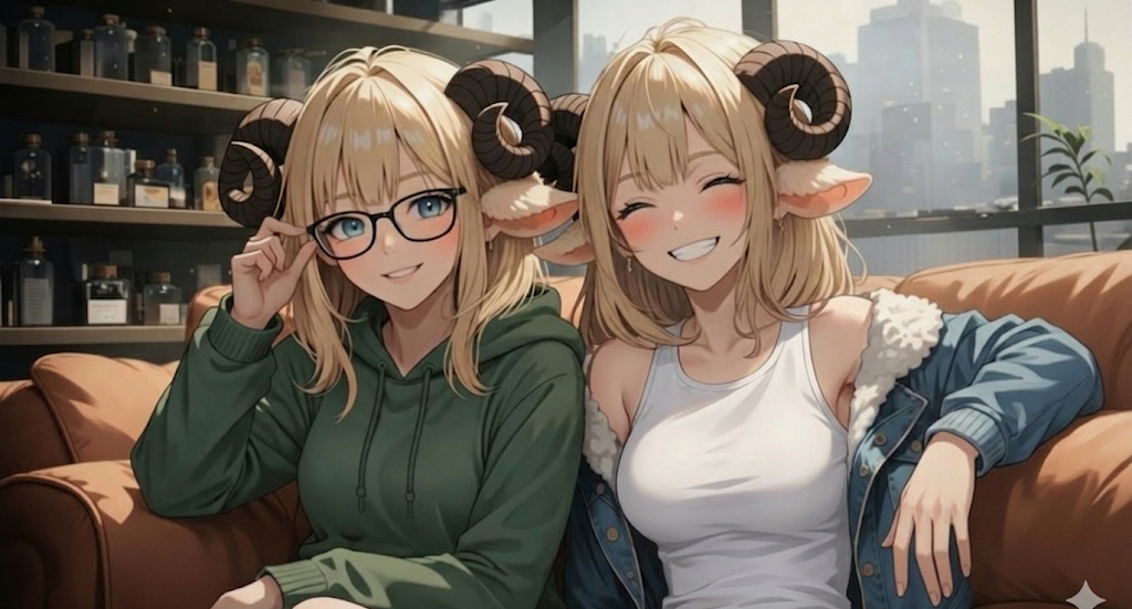 Cover art for Couch Crashers—🐑Jessica & Lily👭🏼—Twin Sheep Girls On Your Couch?!, a romance scenario on AI Dungeon