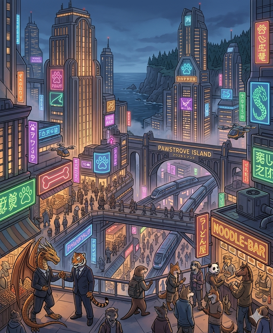 Cover art for Pawstrove City Remastered, a sandbox scenario on AI Dungeon