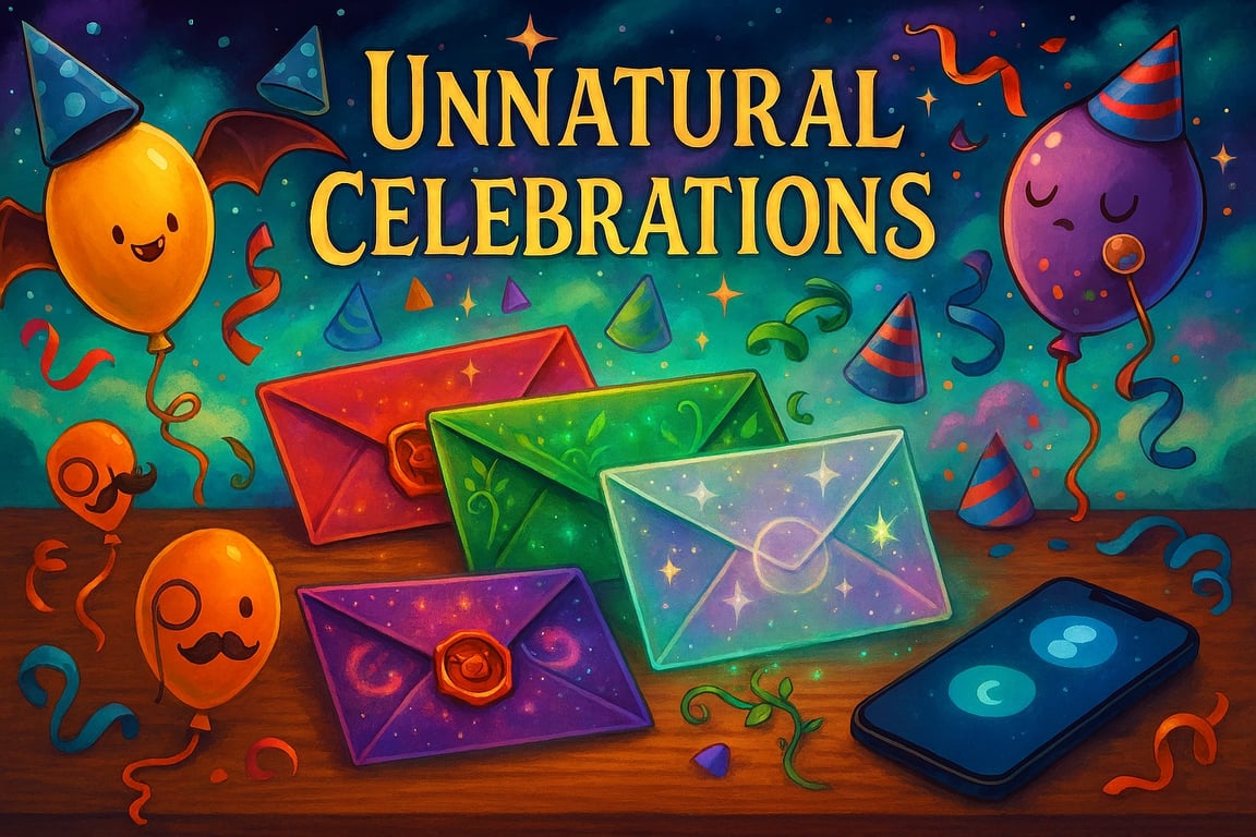 Cover art for 🎈Unnatural Celebrations🎈, an autocard scenario on AI Dungeon