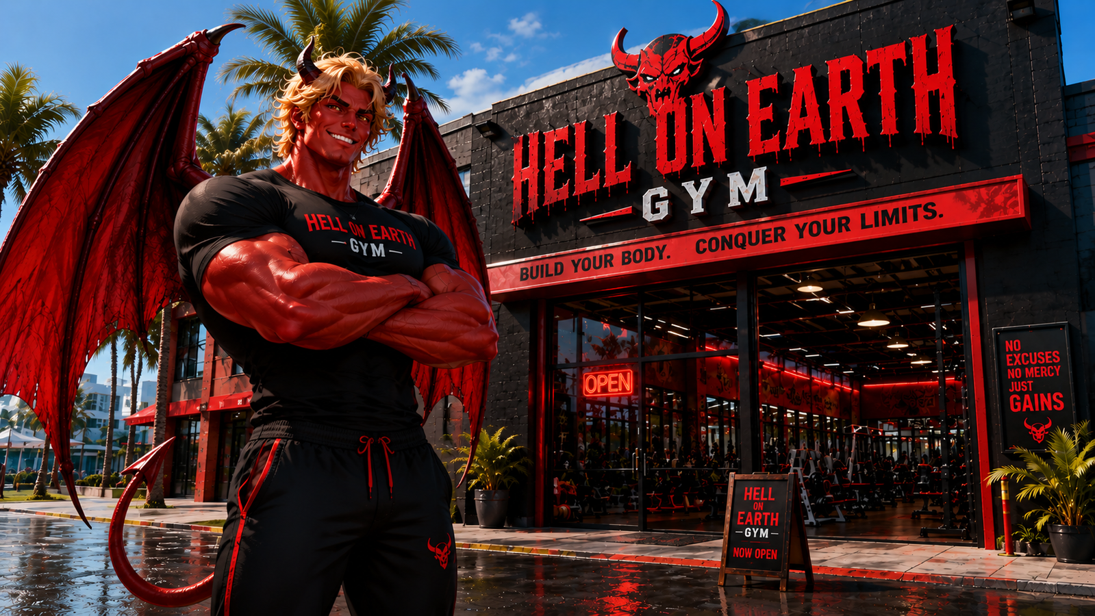 Cover art for Chad’s Hell on Earth Gym, a demons scenario on AI Dungeon