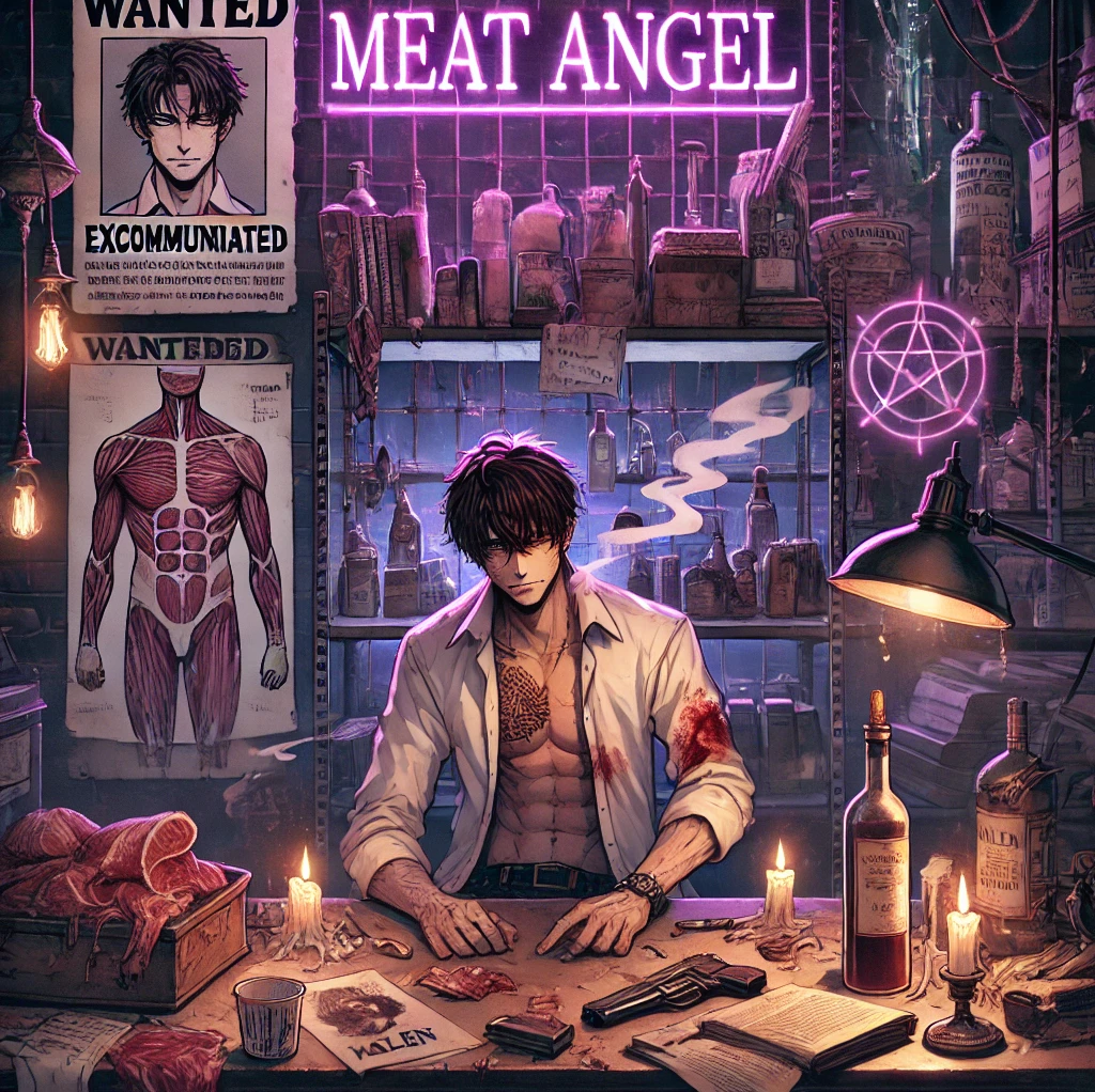 Cover art for MEAT ANGEL! at the Etherport, a cyberpunk scenario on AI Dungeon
