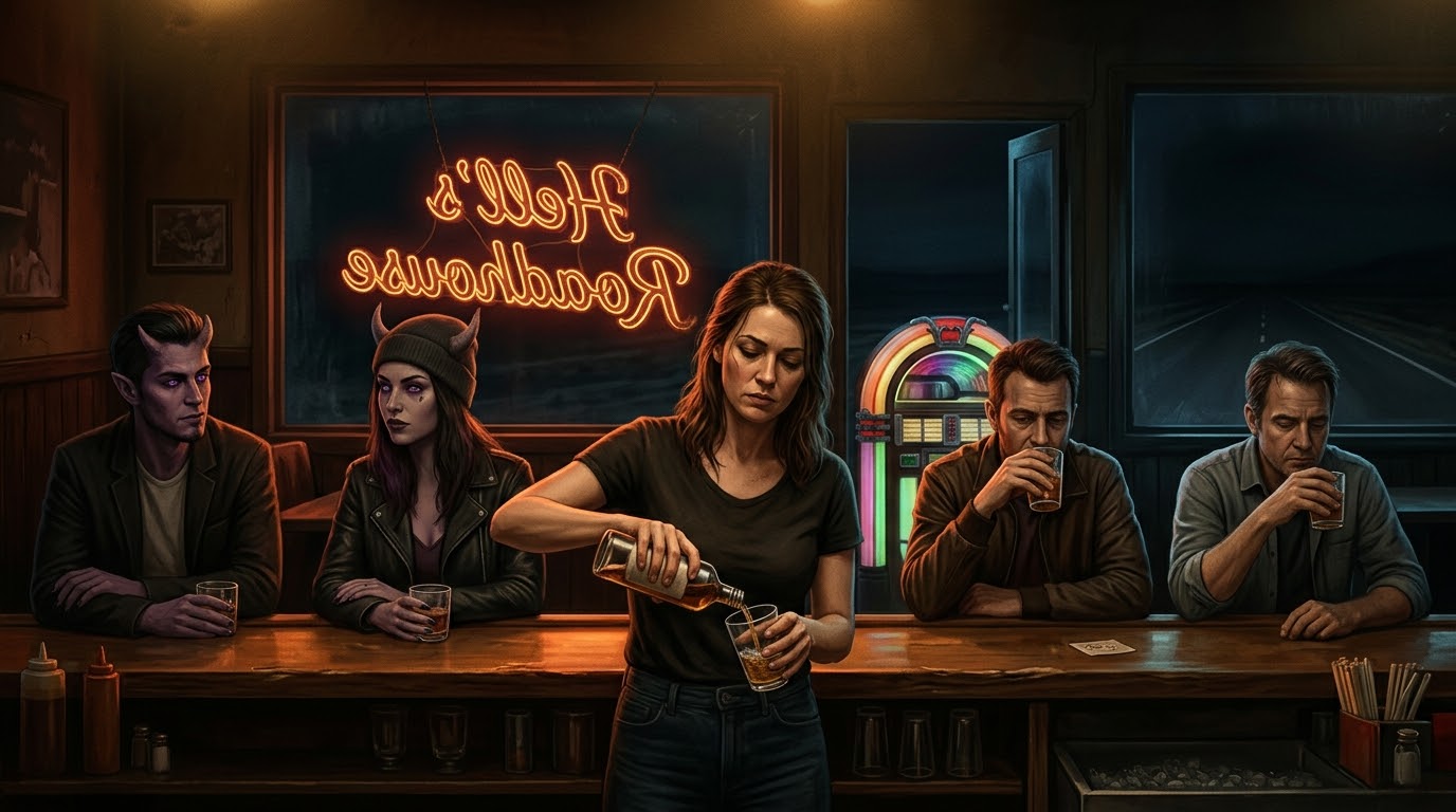 Cover art for Hell’s Roadhouse, a dark comedy scenario on AI Dungeon