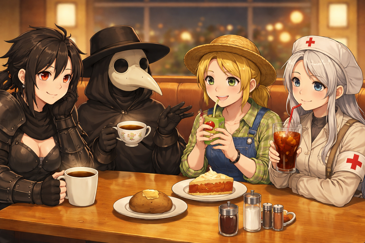 Cover art for Four Horsewomen of the Cafe, a romance scenario on AI Dungeon