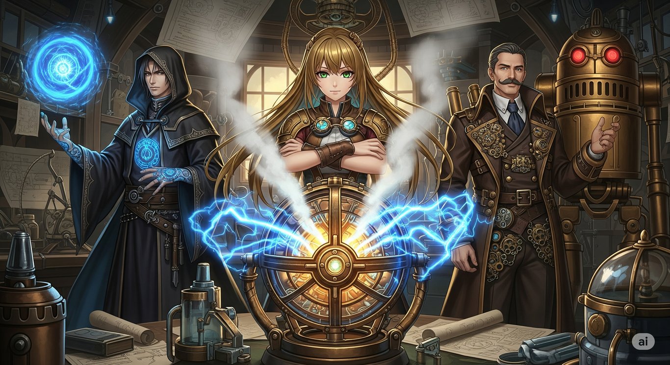 Cover art for Spells & Sprockets, a steampunk scenario on AI Dungeon