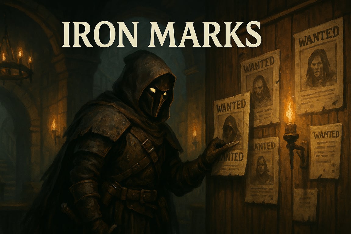 Cover art for Iron Marks: The Bounty Ledger, a dark fantasy scenario on AI Dungeon