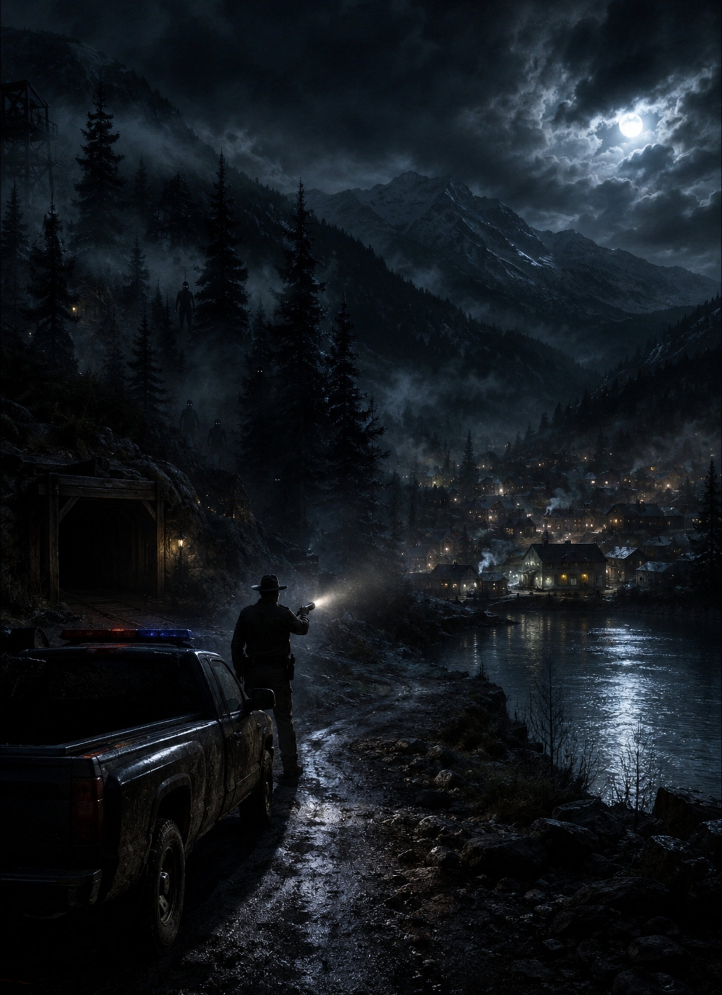 Cover art for Dark Pines - A Cryptid Horror, a cryptid scenario on AI Dungeon