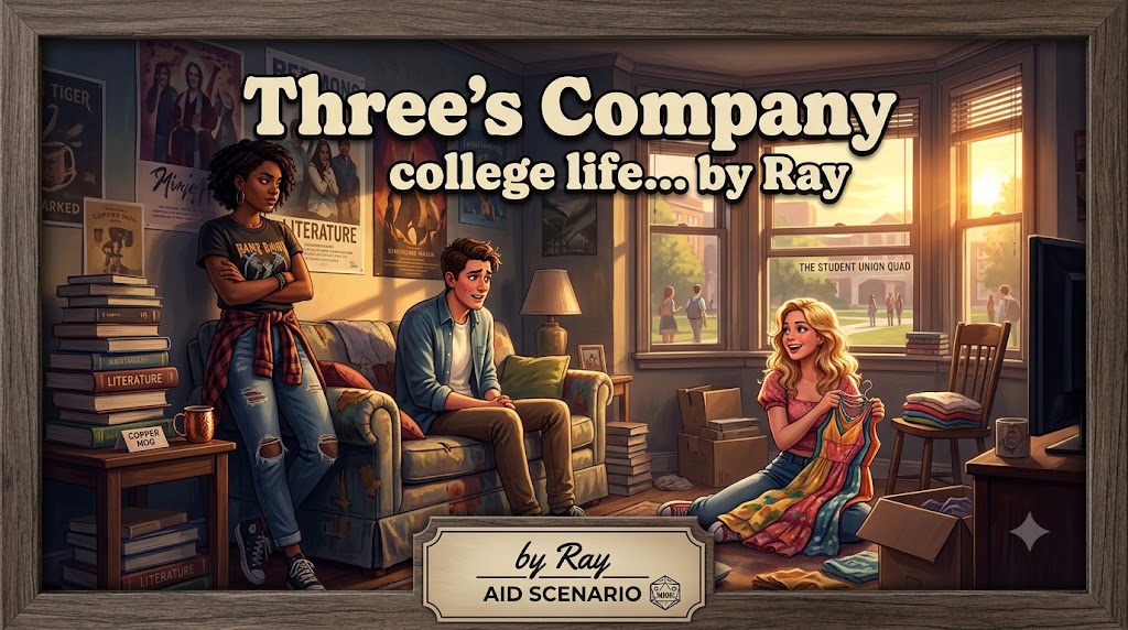 Cover art for Three's Company college life ... by Ray (Male protagonist), an inner self scenario on AI Dungeon