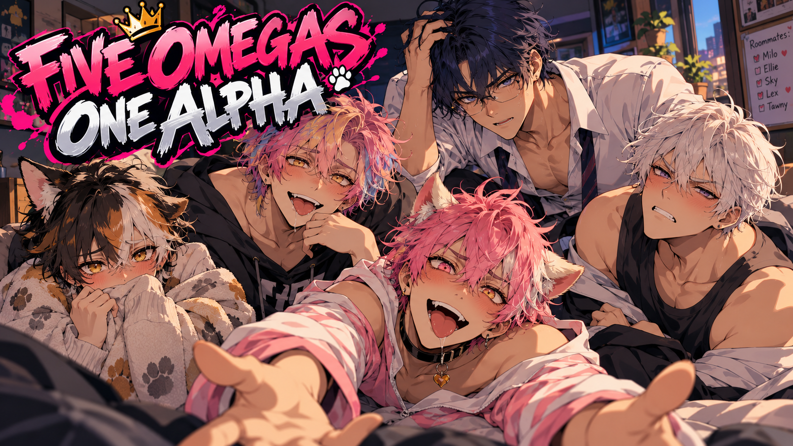 Cover art for Five Omegas, One Alpha, an omegaverse scenario on AI Dungeon