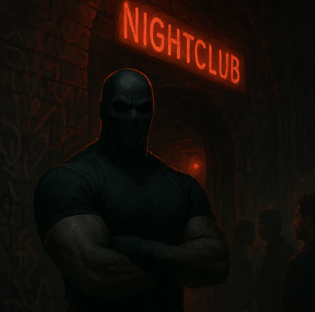 Cover art for The Black-Mask Bouncer, a nightclub scenario on AI Dungeon