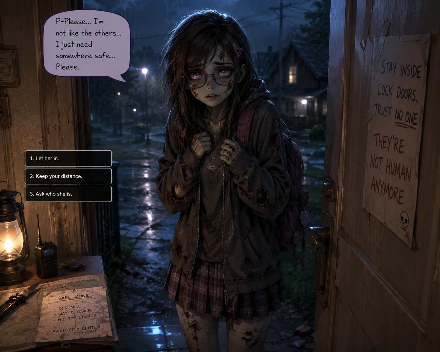Cover art for The Zombie Girl at the Door, a fantasy scenario on AI Dungeon