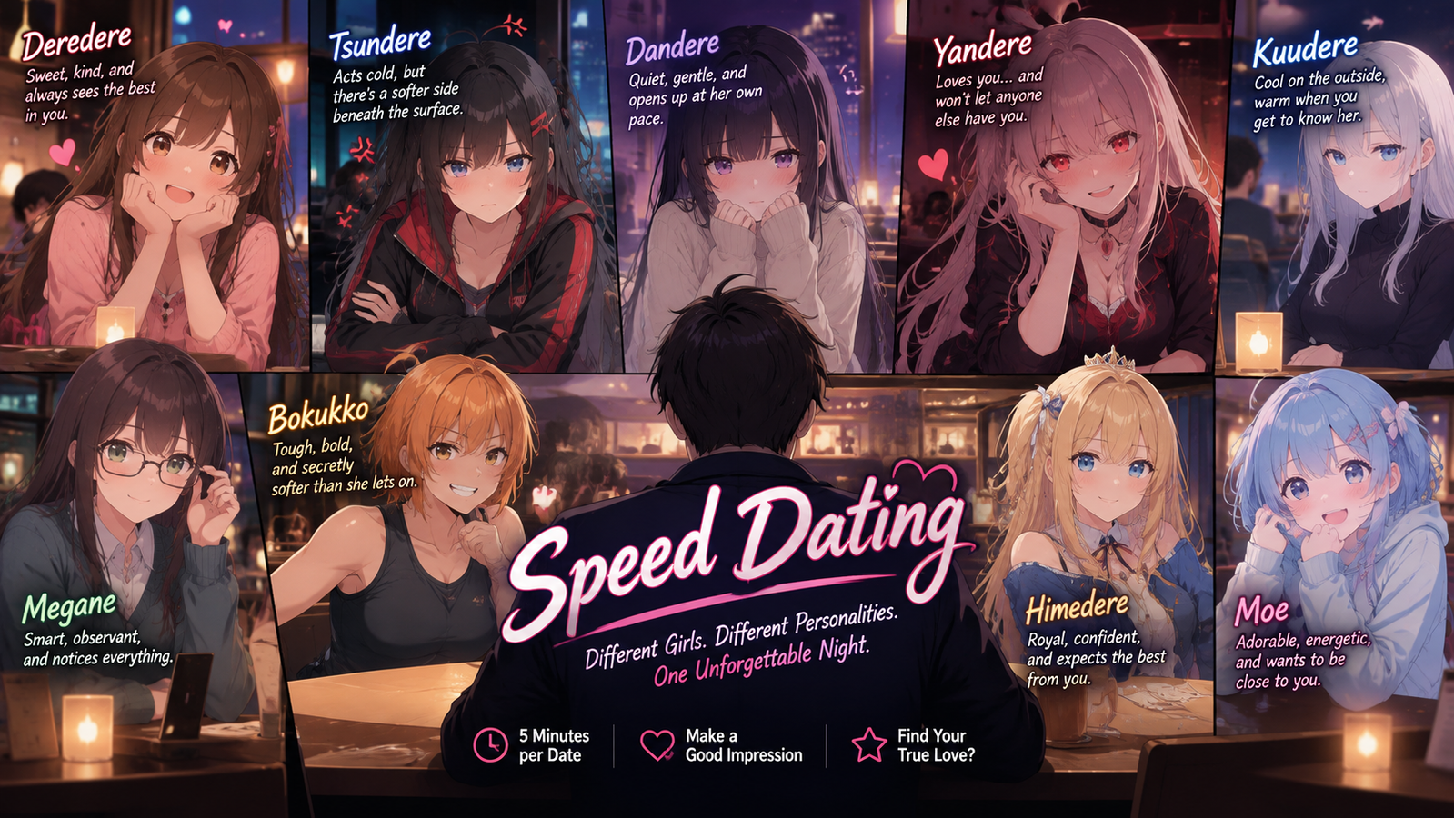 Cover art for The Dere-Type Speed Dating Night, a romance scenario on AI Dungeon
