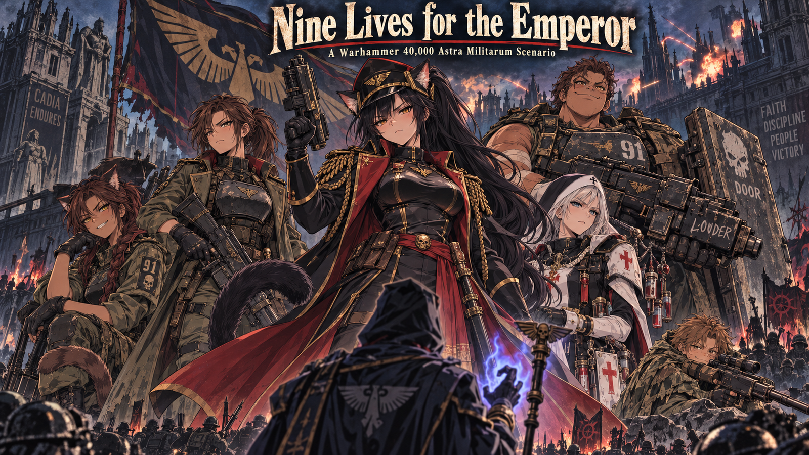 Cover art for Nine Lives for the Emperor: A Warhammer 40,000 Astra Militarum Story, a psychic scenario on AI Dungeon