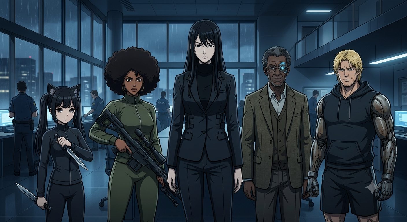 Cover art for Welcome to the Killer Corps, a cyberpunk scenario on AI Dungeon