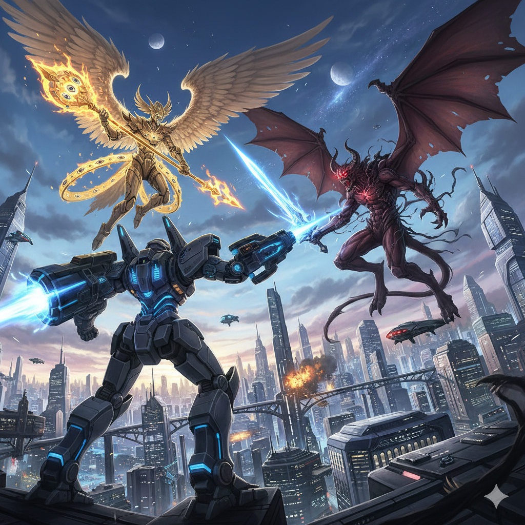 Cover art for Battle against Heaven and Hell, a mech scenario on AI Dungeon
