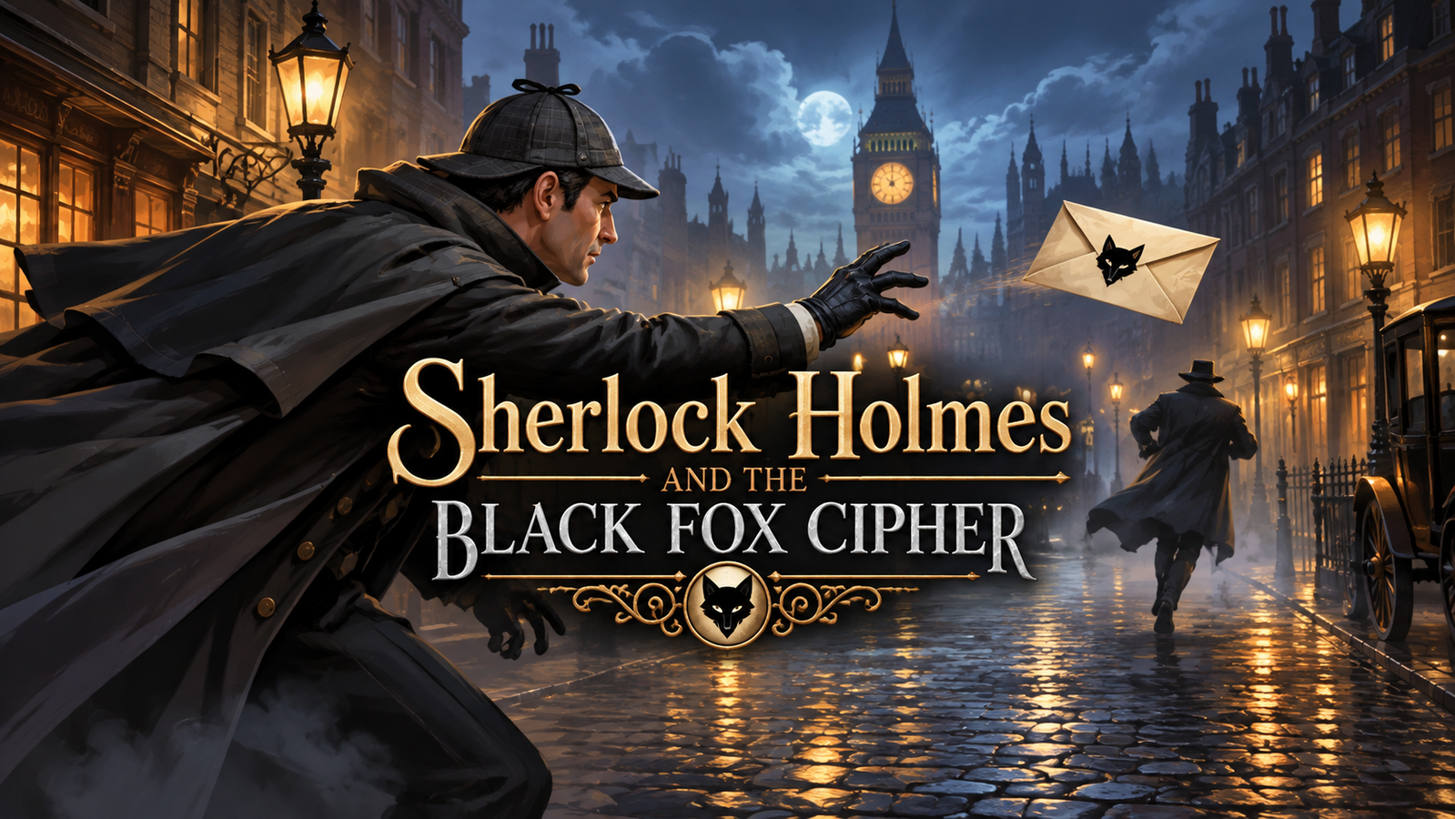Cover art for Sherlock Holmes and the Black Fox Cipher, a sherlock holmes scenario on AI Dungeon