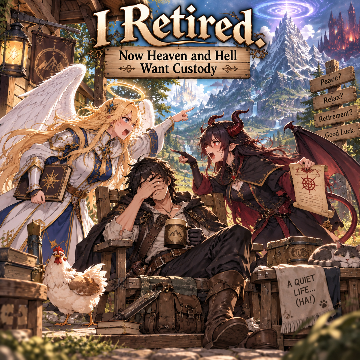 Cover art for I Retired. Now Heaven and Hell Want Custody, a fantasy scenario on AI Dungeon