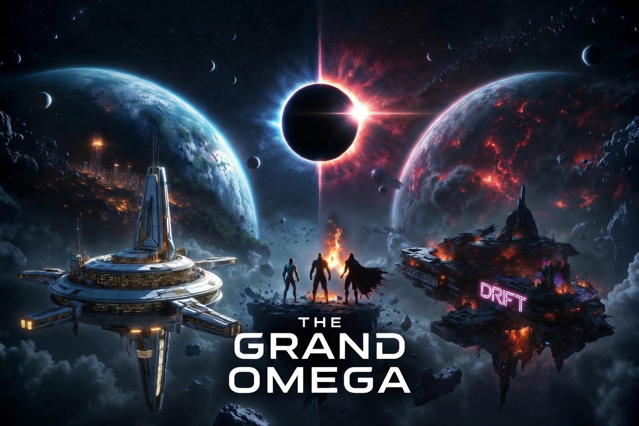 Cover art for The Grand Omega, a superhero world on Voyage