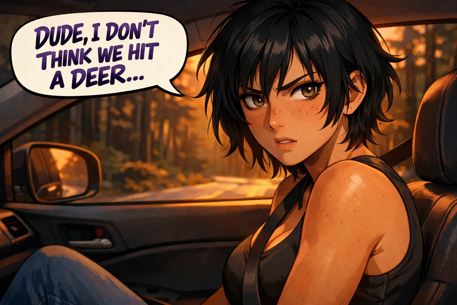 Cover art for Dude, I Don't Think We Hit a Deer..., a romance scenario on AI Dungeon