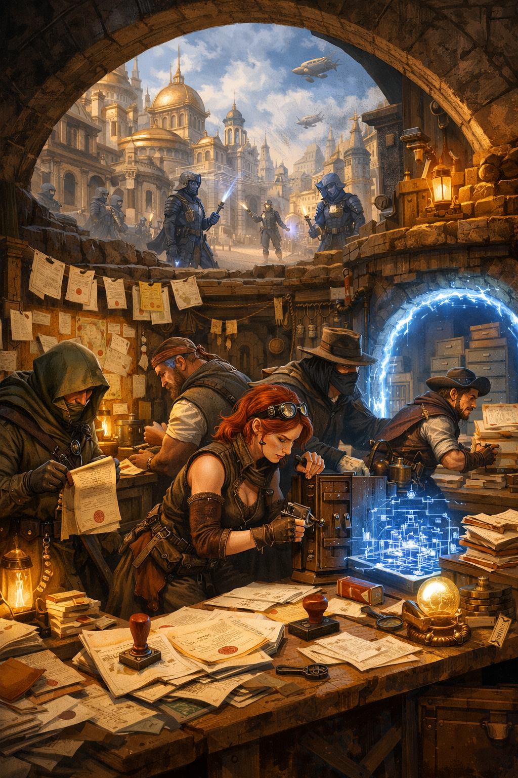 Cover art for Magical Bureaucracy: The Grand Guild of Stolen Permissions, a leverage the show scenario on AI Dungeon