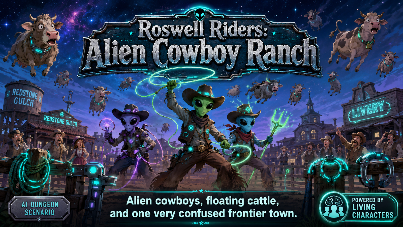Cover art for Roswell Riders: Alien Cowboy Ranch, a comedy scenario on AI Dungeon