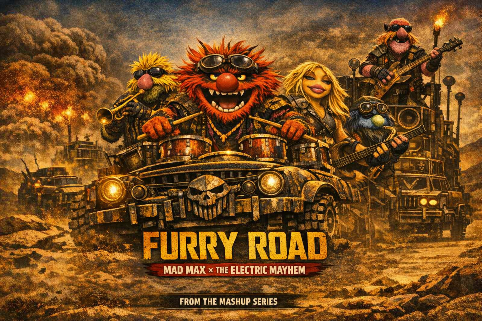 Cover art for Furry Road - Mad Max Ă— The Electric Mayhem, a fantasy scenario on AI Dungeon