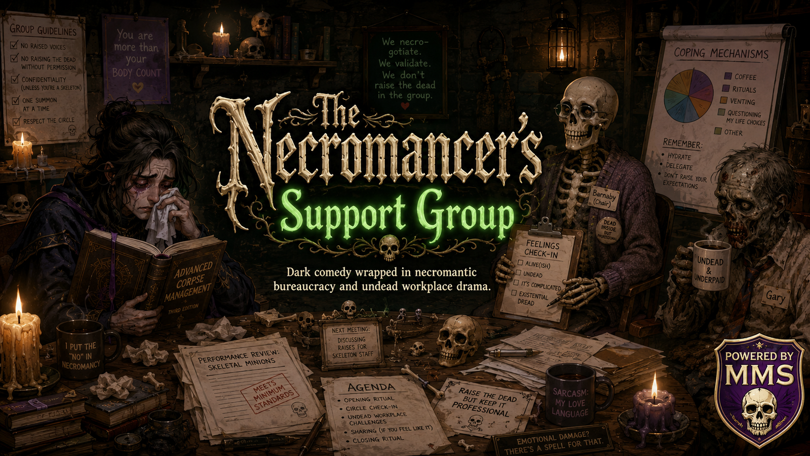 Cover art for The Necromancer’s Support Group, a fantasy scenario on AI Dungeon