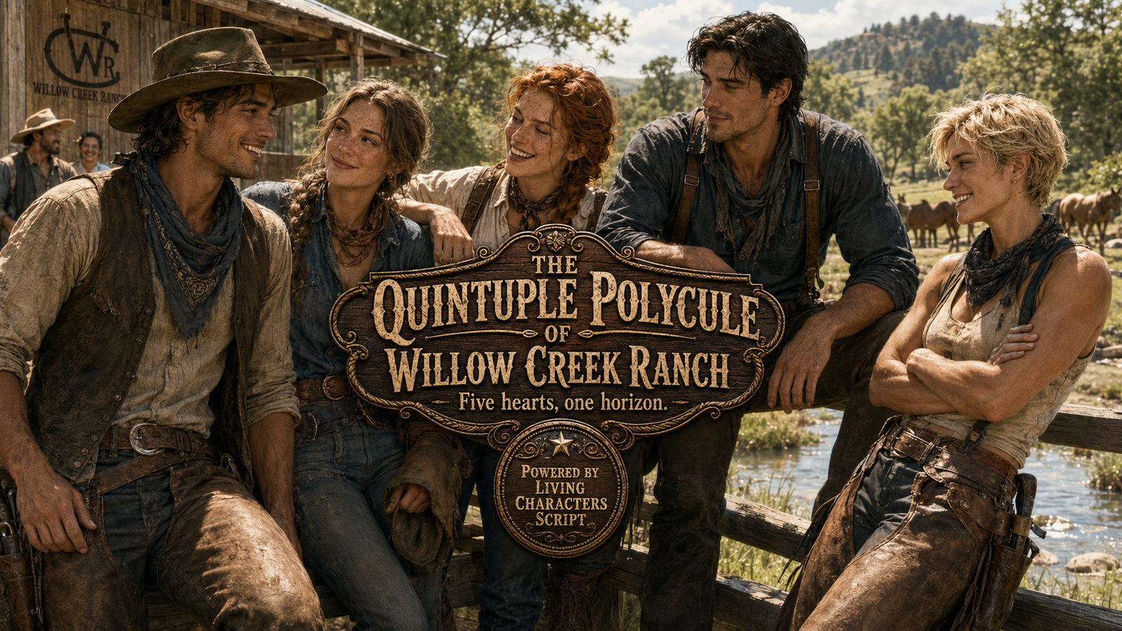 Cover art for The Quintuple Polycule of Willow Creek Ranch, a romance scenario on AI Dungeon