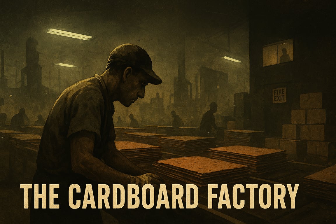 Cover art for The Cardboard Factory, a dystopia scenario on AI Dungeon