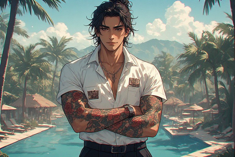 Cover art for A Week in Paradise, a holiday husbandos scenario on AI Dungeon