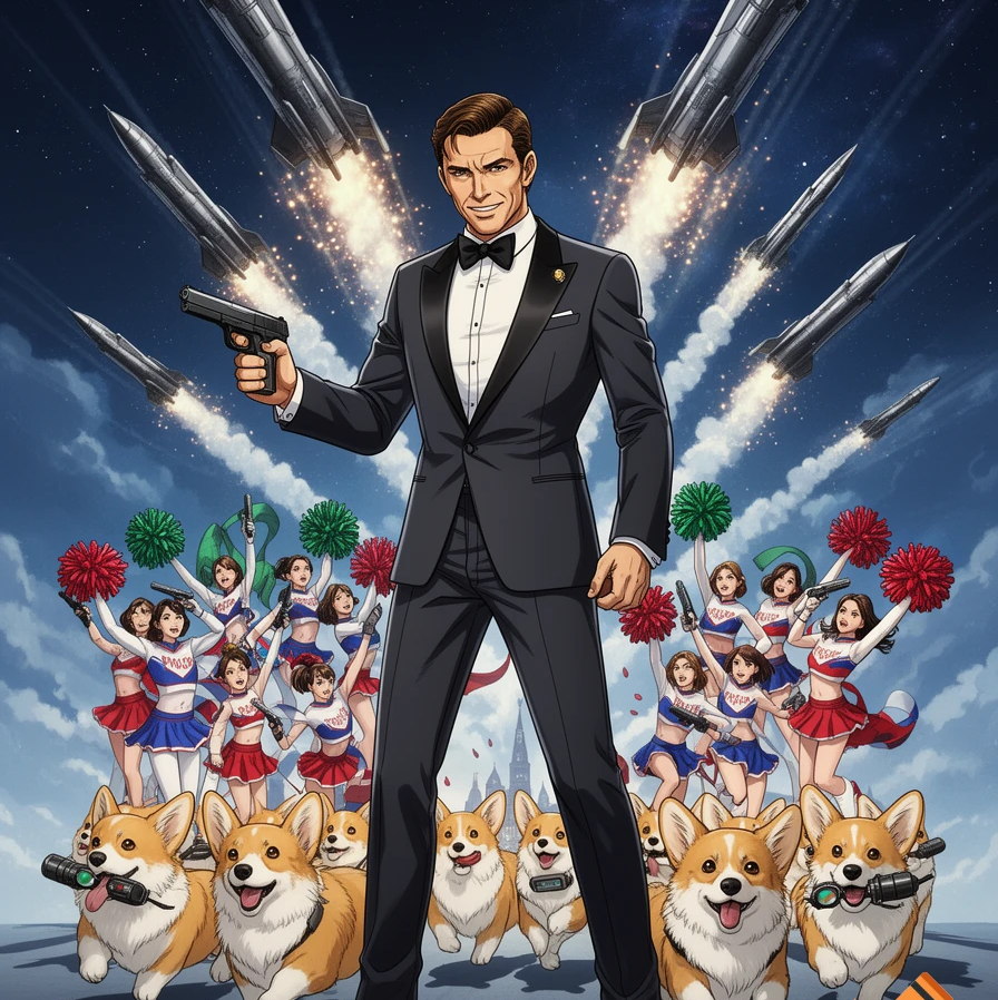 Cover art for 008 and Her Majesty’s Corgis!, a spy scenario on AI Dungeon