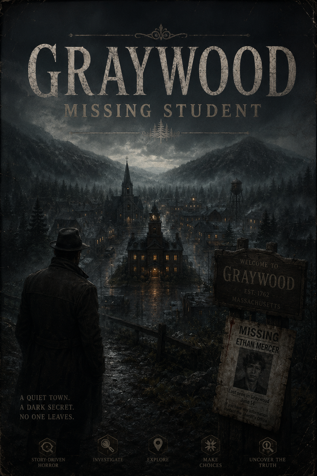 Cover art for Graywood: Missing student, a mystery scenario on AI Dungeon
