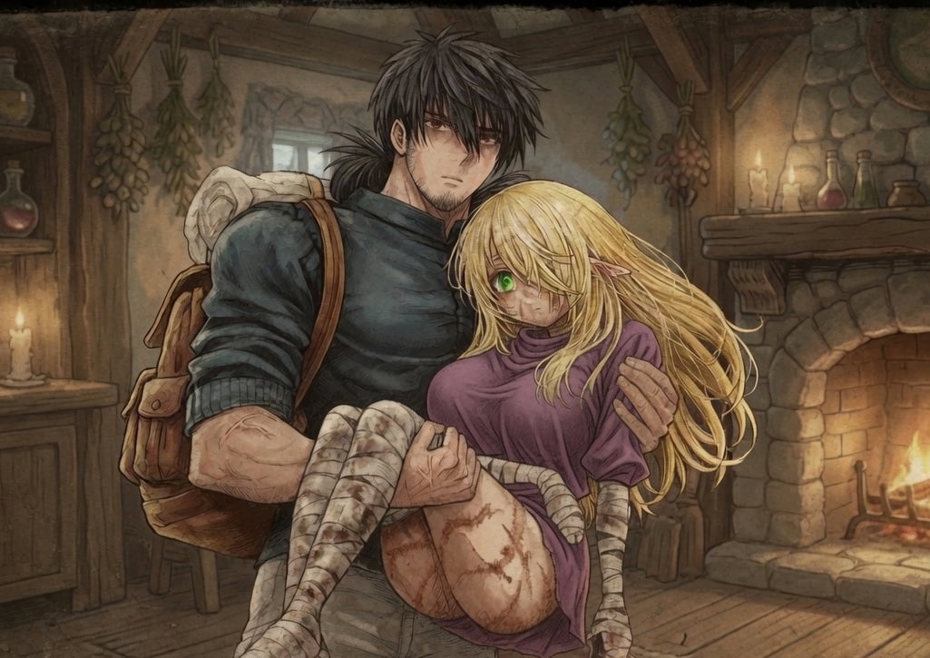 Cover art for Help the Battered Elf, a fantasy scenario on AI Dungeon
