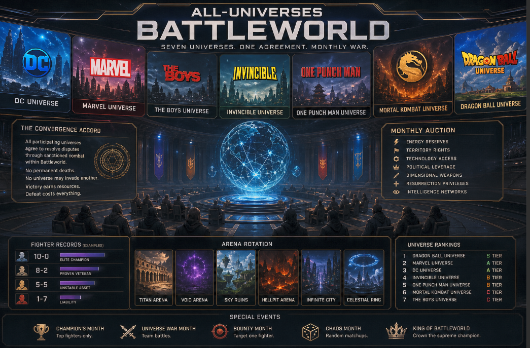 Cover art for ALL-UNIVERSES BATTLEWORLD, a superhero world on Voyage