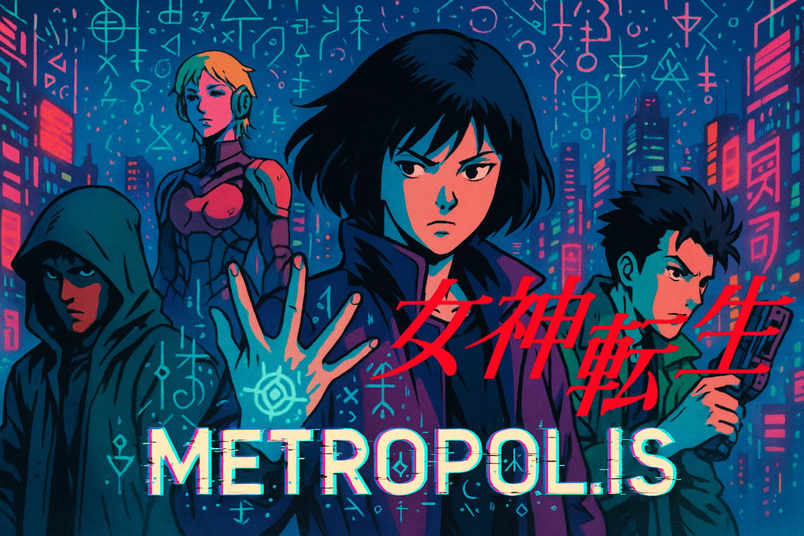 Cover art for Shin Megami Tensei: Metropol.is, a cyberpunk scenario on AI Dungeon