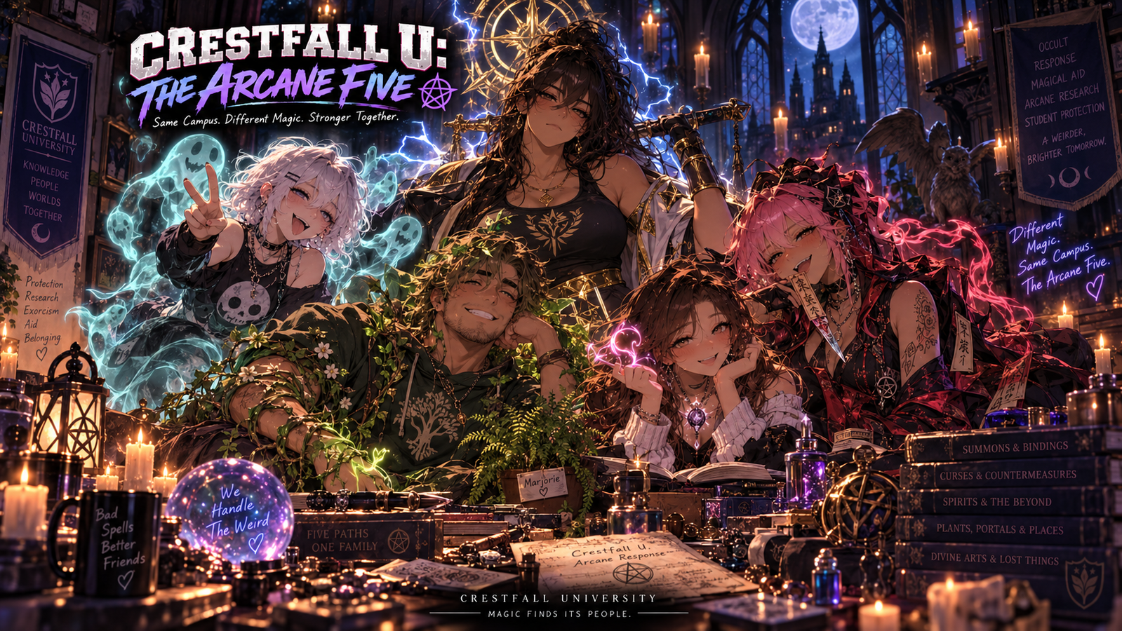 Cover art for Crestfall U: The Arcane Five, a crestfall scenario on AI Dungeon