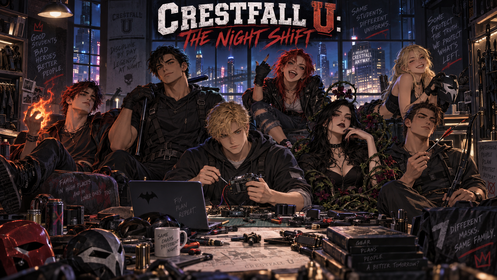Cover art for Crestfall U: The Night Shift, a superheroes scenario on AI Dungeon