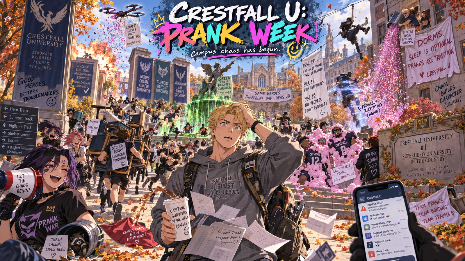 Cover art for Crestfall U: Prank Week, a crestfall scenario on AI Dungeon