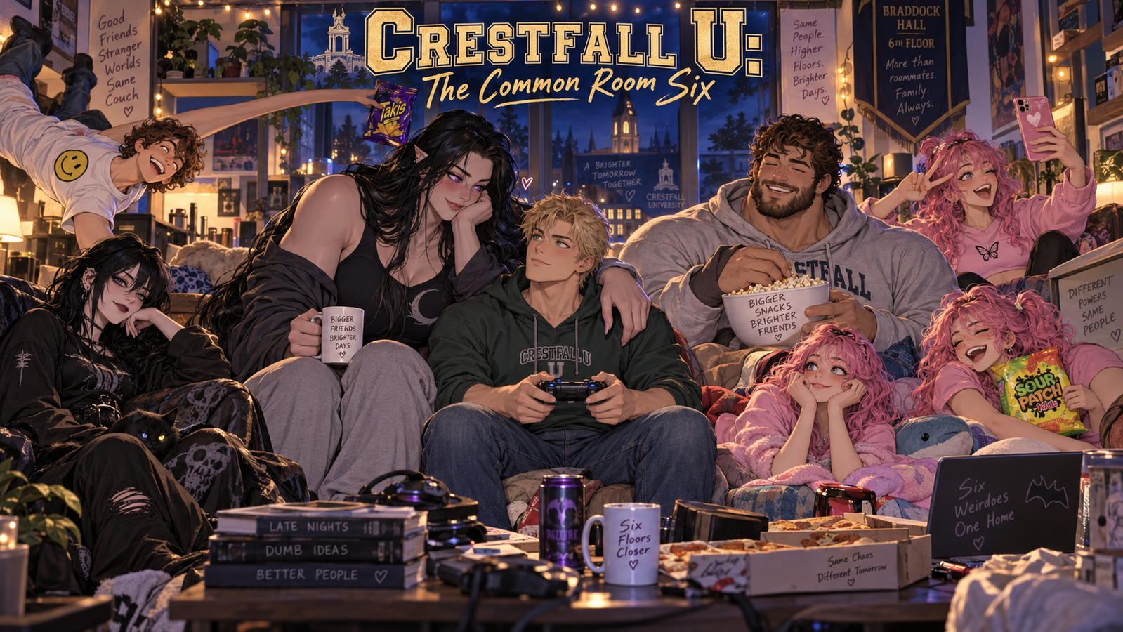 Cover art for CrestFall U: The Common Room Six, a crestfall scenario on AI Dungeon