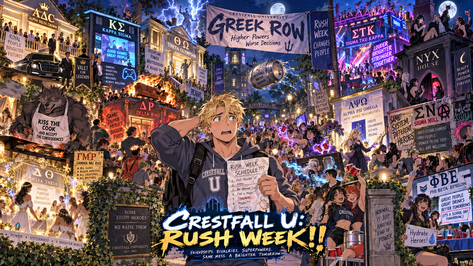 Cover art for Crestfall U: Rush Week, a crestfall scenario on AI Dungeon