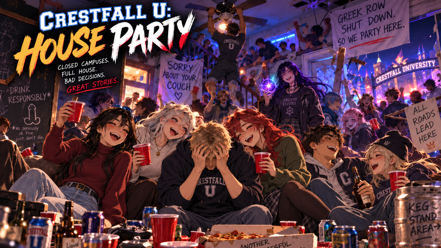 Cover art for Crestfall U: House Party Gone Wrong, a crestfall scenario on AI Dungeon
