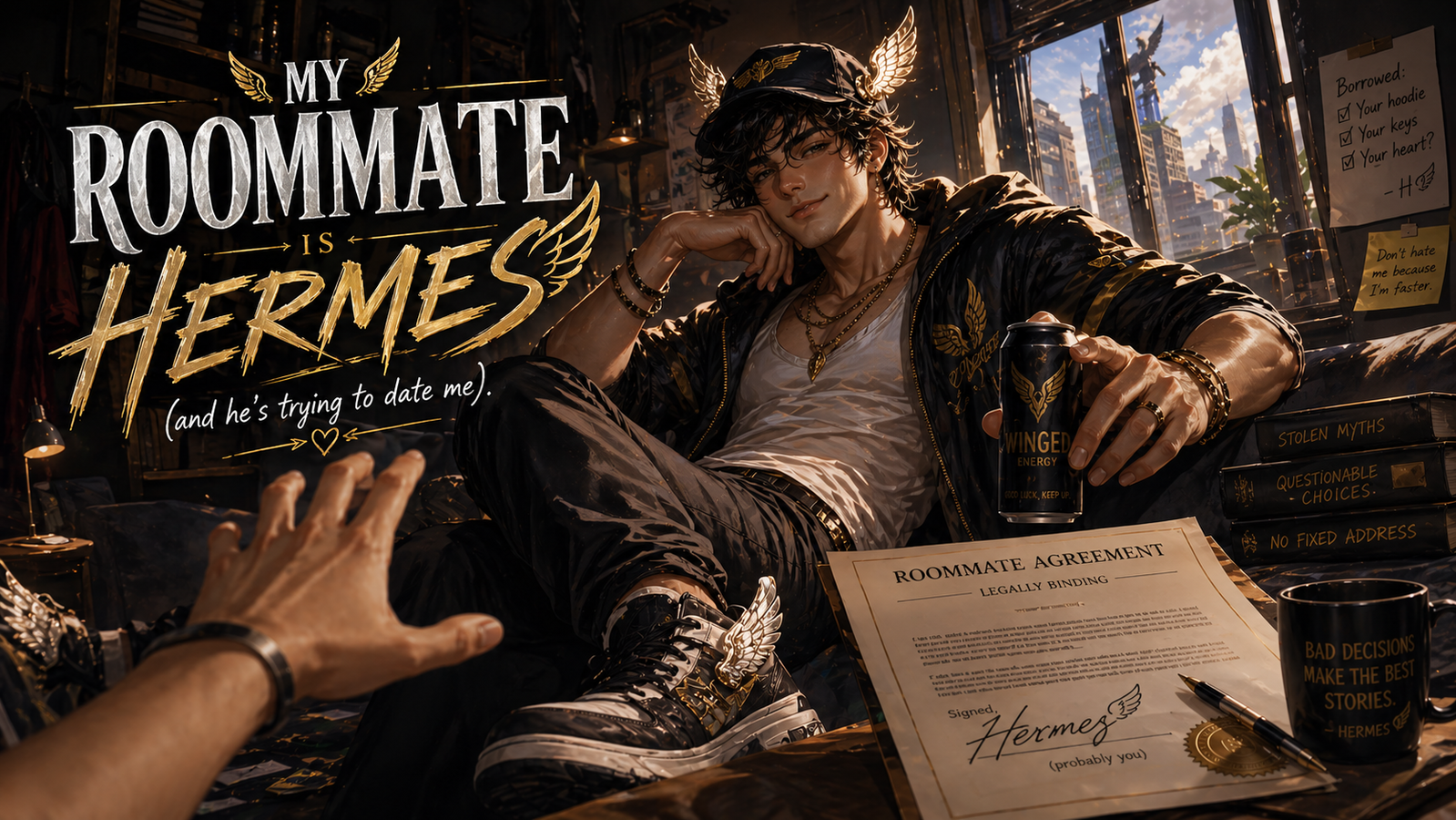 Cover art for My Roommate is Hermes (and he's trying to date me), a roommate scenario on AI Dungeon
