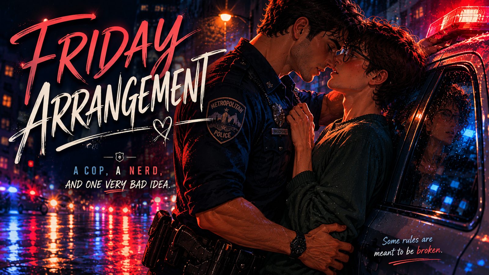 Cover art for Friday Arrangement: A Cop and a Nerd and One Very Bad Idea, a gay scenario on AI Dungeon