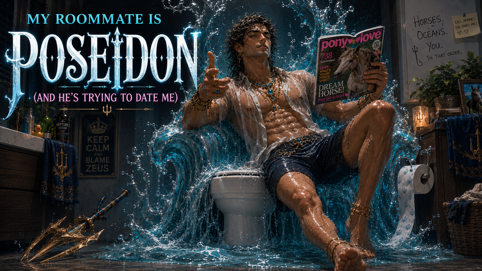 Cover art for My Roommate is Poseidon (and he's trying to date me), a my roommate is a scenario on AI Dungeon