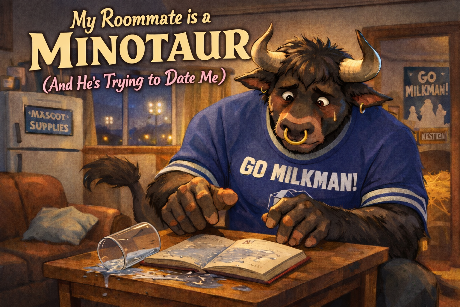 Cover art for My Roommate is a Minotaur (And He’s Trying to Date Me) 🎭, a college scenario on AI Dungeon