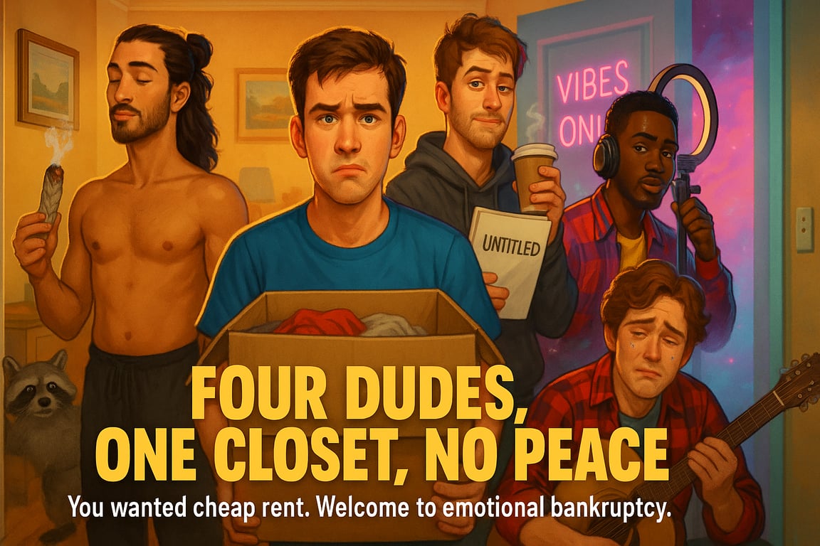 Cover art for Four Dudes, One Closet, No Peace, a roommate chaos scenario on AI Dungeon